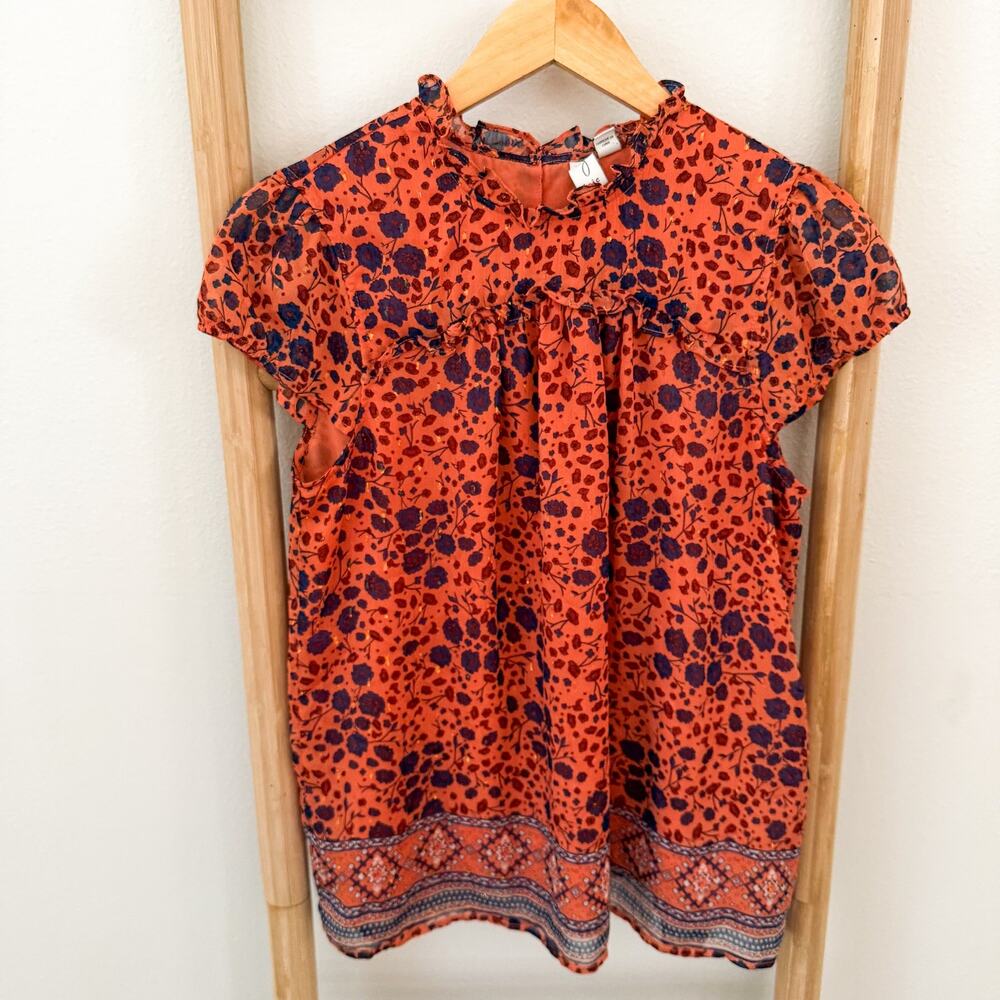 Joie Floral Print Ruffle Mock Neck Blouse Coral Navy Short Sleeve Top Medium